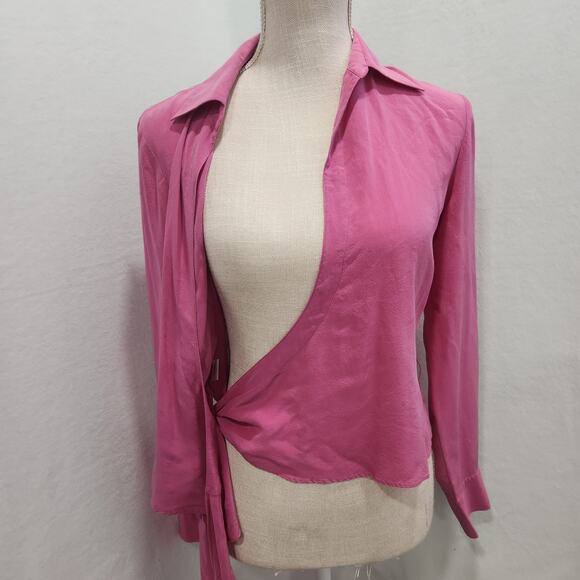 BCBGMAXAZARIA 100% Silk Long Sleeve Wrap Blouse Pink Medium - Picture 6 of 11
